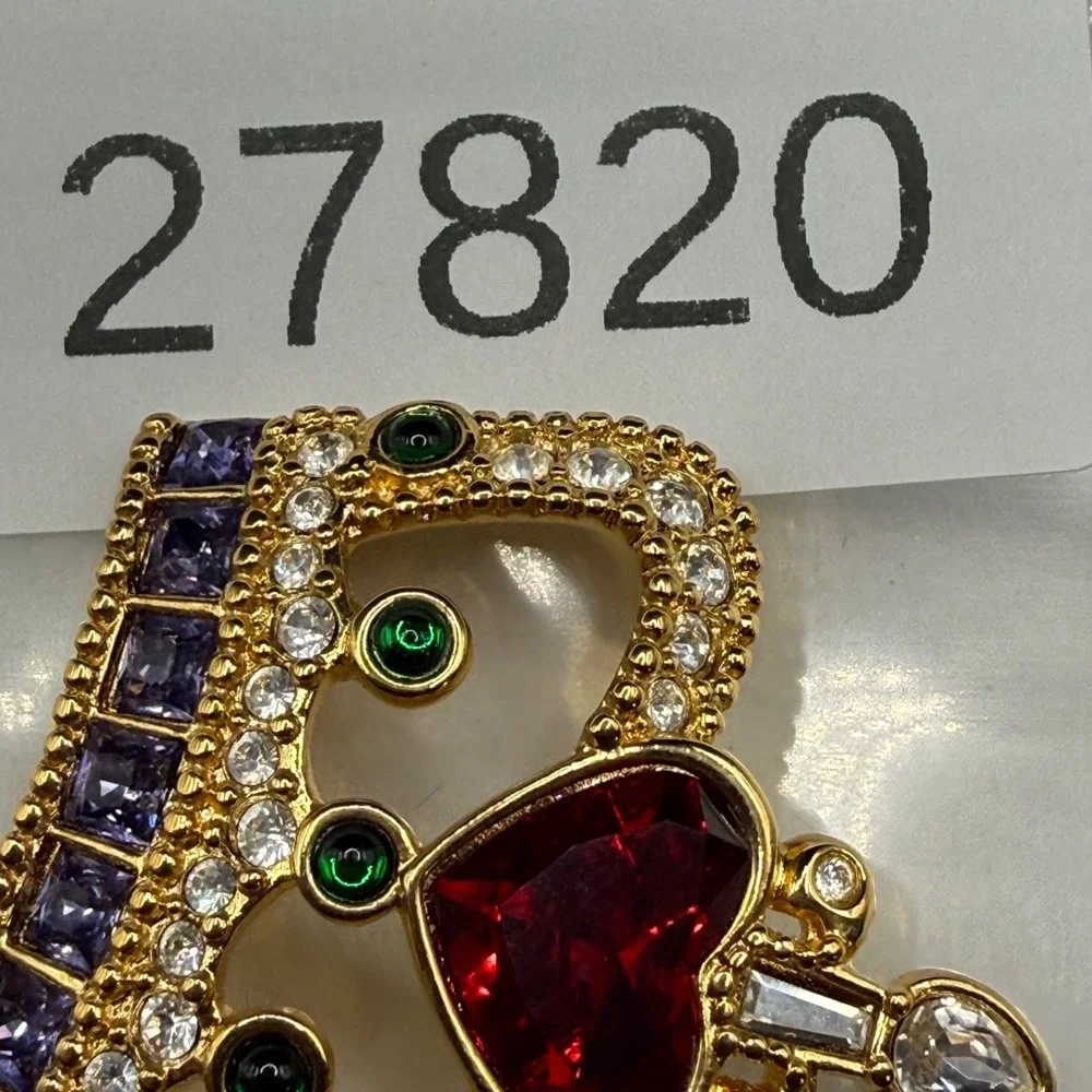 Vintage Swarovski Crown Brooch Gold Tone Heart Green Purple